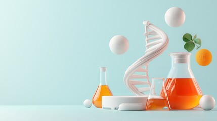 Colorful lab setup with DNA model and glassware on a mint background.