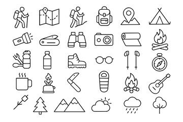 Flat design hiking and camping icons collection for user interface