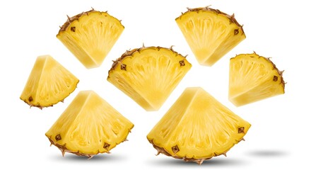 Naklejka premium High-resolution pineapple chunks levitating, with natural texture and fiber details, casting soft shadows on a white background