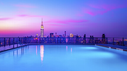 Naklejka premium serene rooftop oasis pool with stunning city skyline views at sunset