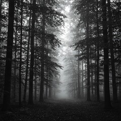 Fototapeta premium Monochrome image of a dense forest with tall trees disappearing into fog. Dark, atmospheric, and slightly mysterious.