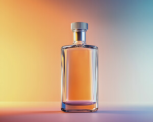 A modern, minimalistic clear glass bottle with silver cap placed on a soft gradient background with professional lighting and plenty of copy space