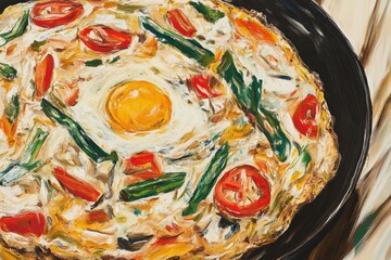 Artistic Close-Up of Frittata in Pan with Egg Tomato and Asparagus Oil Painting Style
