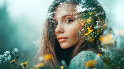 A double exposure portrait of a woman with flowers.