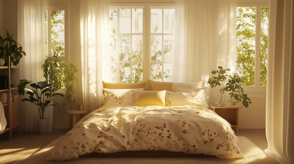 cozy bedroom interior design with soft yellow floral bedding