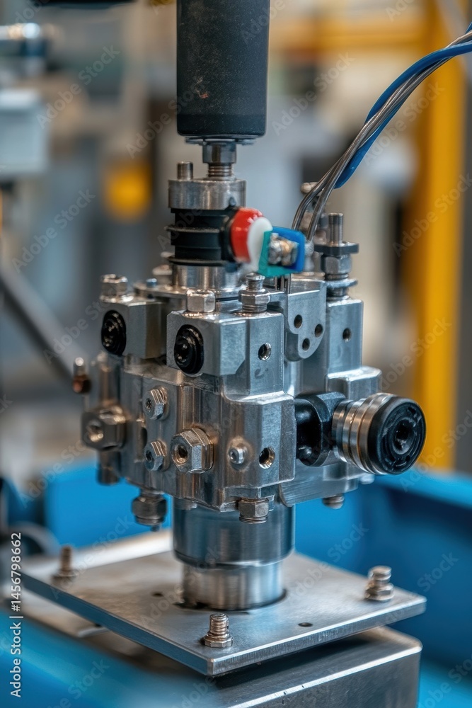 Poster close-up of complex industrial valve system with wires and tubing in a factory setting, detailed vie