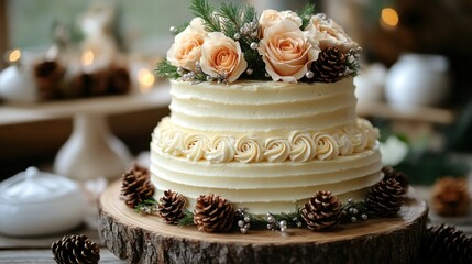 Festive two-tiered cake with buttercream frosting and floral accents