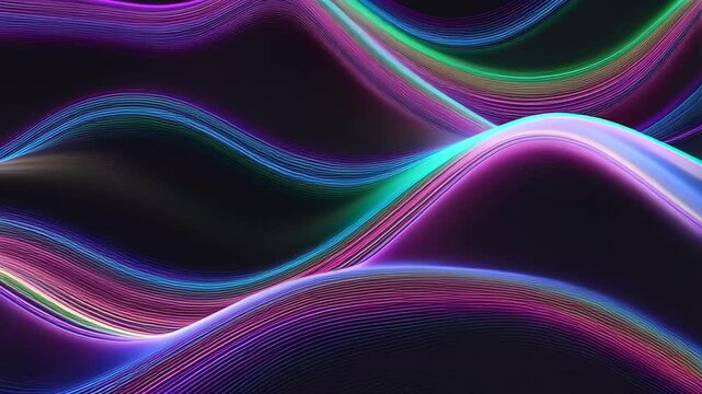 Smooth layered neon waves in sinusoidal motion on a dark digital canvas with subtle glow and pastel hues, evoking calm and minimalist aesthetics. Concept of modern abstract motion design