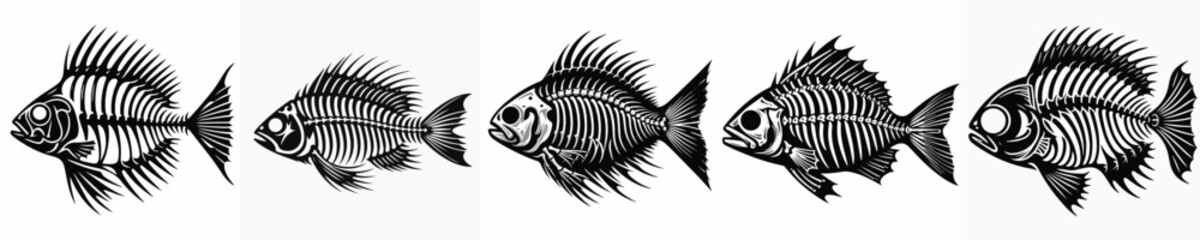 vector black silhouette of fish skeleton