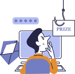 Vector illustration in flat style showing a person sitting at a computer and receiving a fake prize notification as part of a phishing scam. Concept of cybercrime.
