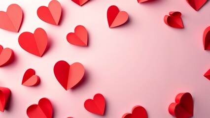 Obraz premium A bunch of red paper hearts on a pink background.