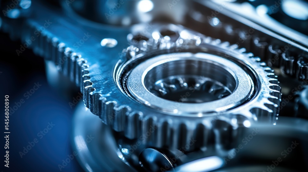Poster macro shot of intricate metal gears interlocking in a complex mechanism industrial detail close up e