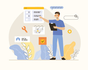 Support staff help solve technical problems. Help desk operator with headset talking to customer helping in computer problems. Flat vector illustration.	
