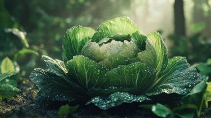 Fototapeta premium Fresh, vibrant green cabbage in a lush forest setting, glistening with morning dew