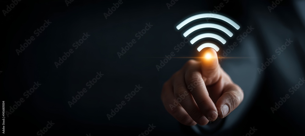 Poster Hand touch virtual WI-FI symbol. Generative AI technology.	
