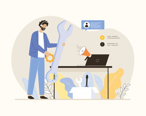 Technical support concept. Clients with questions calls to hotline for getting consultation and solving problems. Flat vector illustration.	
