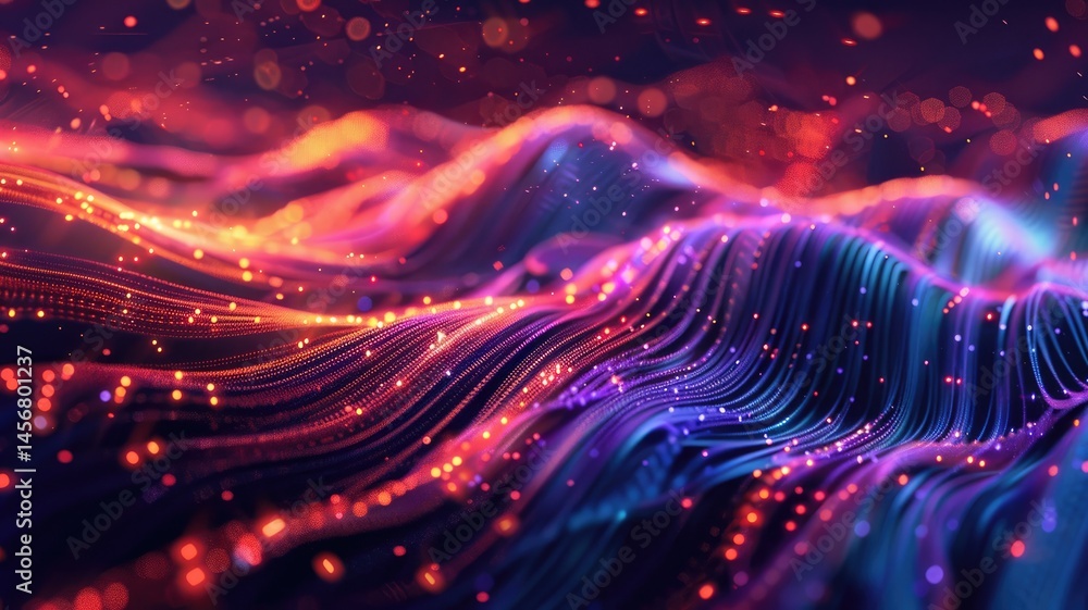 Poster Abstract picture micro light sparkling particle represent data flow vivid flowing wave with high tech background, create digital effect scene perfect for energetic and fantasy wallpaper design. AIG53.