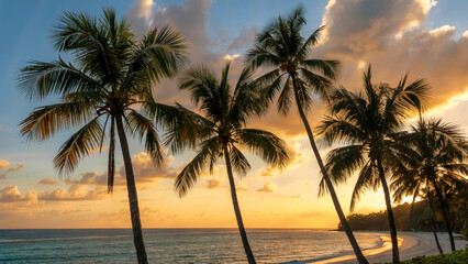 Obraz premium Tropical beach with palm trees silhouetted against a vibrant sunset sky