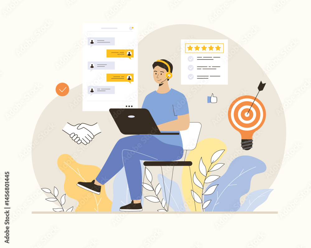 Poster technical support or customer service. customer feedback. client chatting to a call center operator.