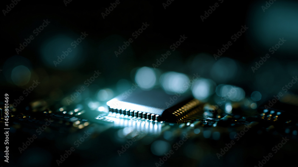 Poster gamey tech microchips glowing on a lap board, representing innovation in electronics.