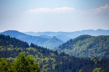 Blick auf den südlichen Pfälzerwald vom Ludwigsturm bei Edenkoben. In der Bildmitte die Burg Trifels (Annweiler)
