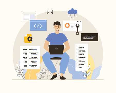 Software development, programming, coding. Man write code, settings and testing, developing programs and applications. Flat vector illustration.	
