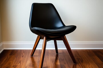 Modern Black Leather Chair on Hardwood Floor Interior Design Studio Shot Eye Level View Minimalist Aesthetic