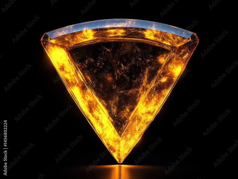 Poster golden triangle object glowing in the dark studio shot of a geometric shape with scratches and refle