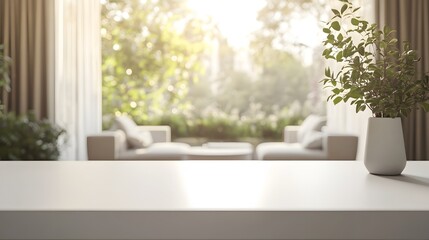 Fototapeta premium Empty modern table in a sunlit living room scene.
