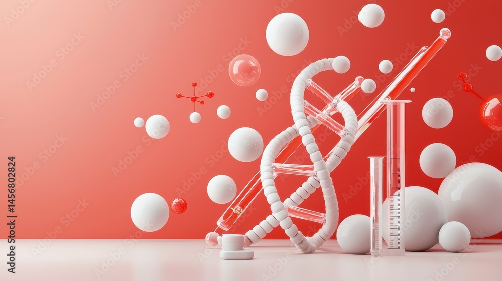 Poster abstract laboratory scene with a dna helix and glassware against a vibrant red background.