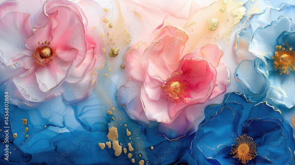Poster the close up picture of the blue and pink colour of the flower with gold colour trimmed, abstract ar