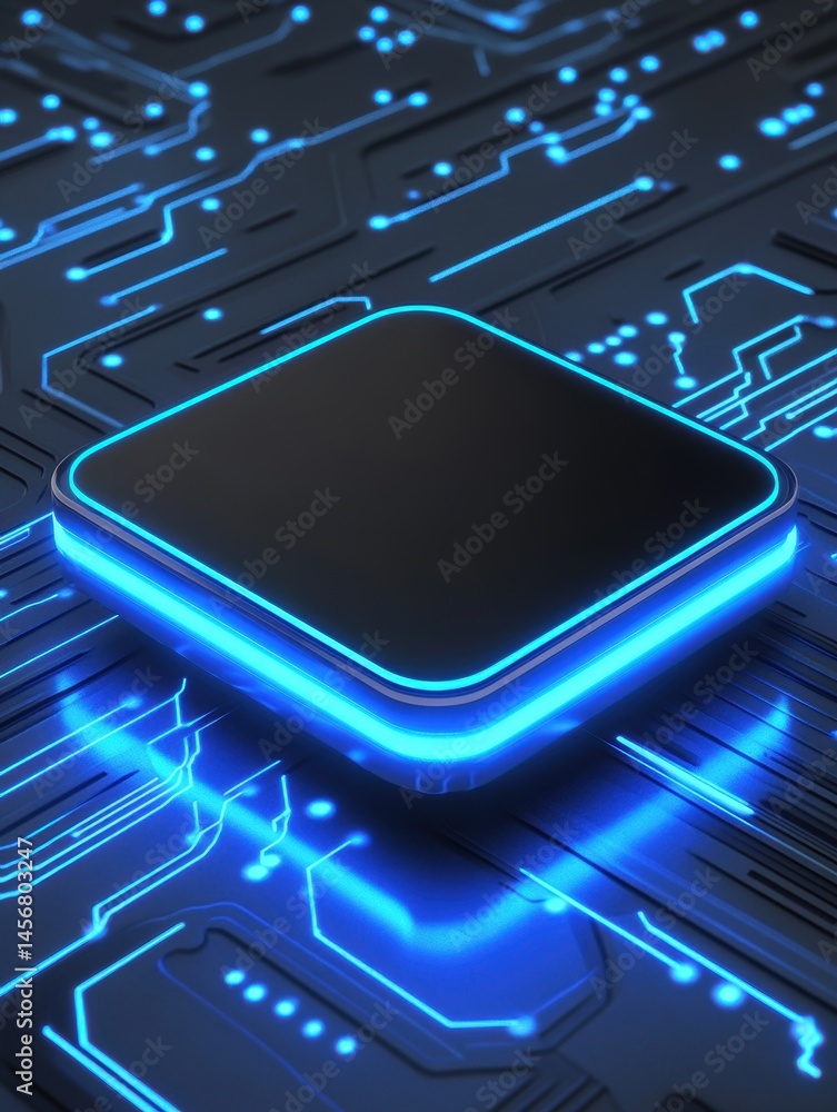 Poster close up of futuristic technology circuit board with glowing blue lines and central processor unit h