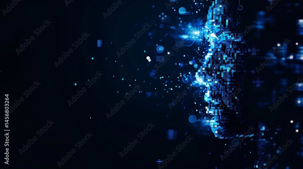 Poster abstract digital face made of glowing blue pixel patterns on a dark background. ai visualization and