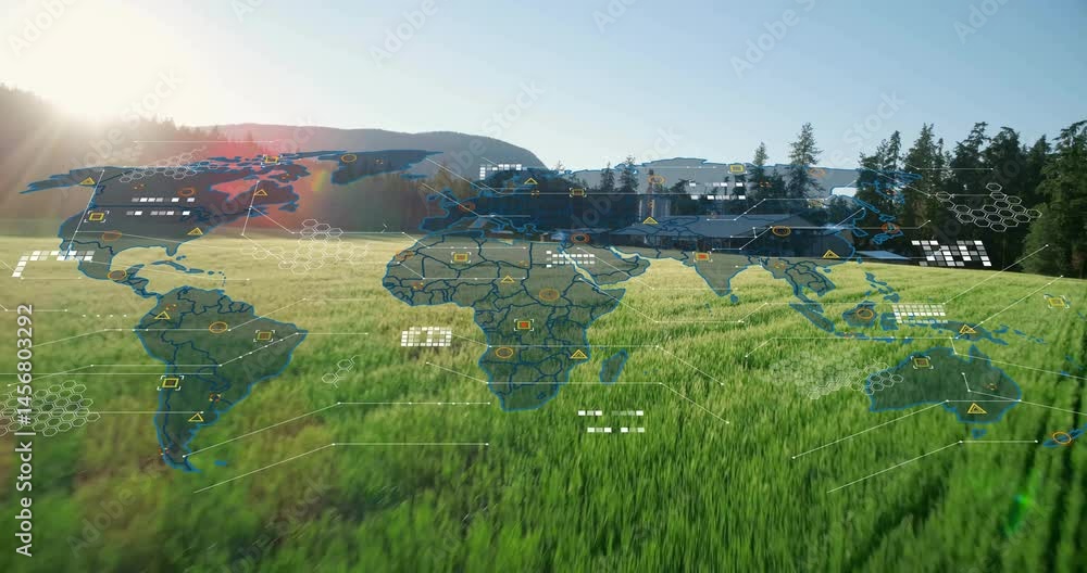 Poster 3d digital world map overlay floating over sunlit meadow, showing data icons and hex grid patterns