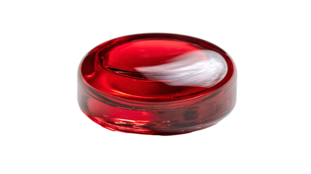 a red glass container with a white lid