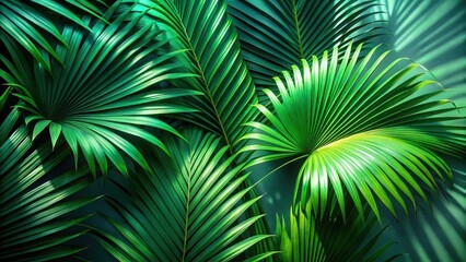 Lush Green Tropical Foliage Arranged Against a Deep Teal Background, Showing the Intricate Veining and Texture of the Palm Fronds in Striking Detail