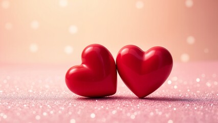 Two red hearts on a pink glittery surface.