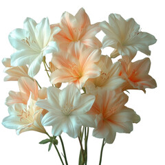 Obraz premium Delicate Lilies Display: A close-up captures a bouquet of pristine lilies with soft ivory petals tinged with gentle peach hues, a testament to natural elegance.