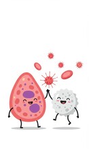 Obraz premium Adorable Cell Teamwork: A Cartoon Illustration of Leukocyte and Red Blood Cell High-Five, Featuring Virus and Bacteria