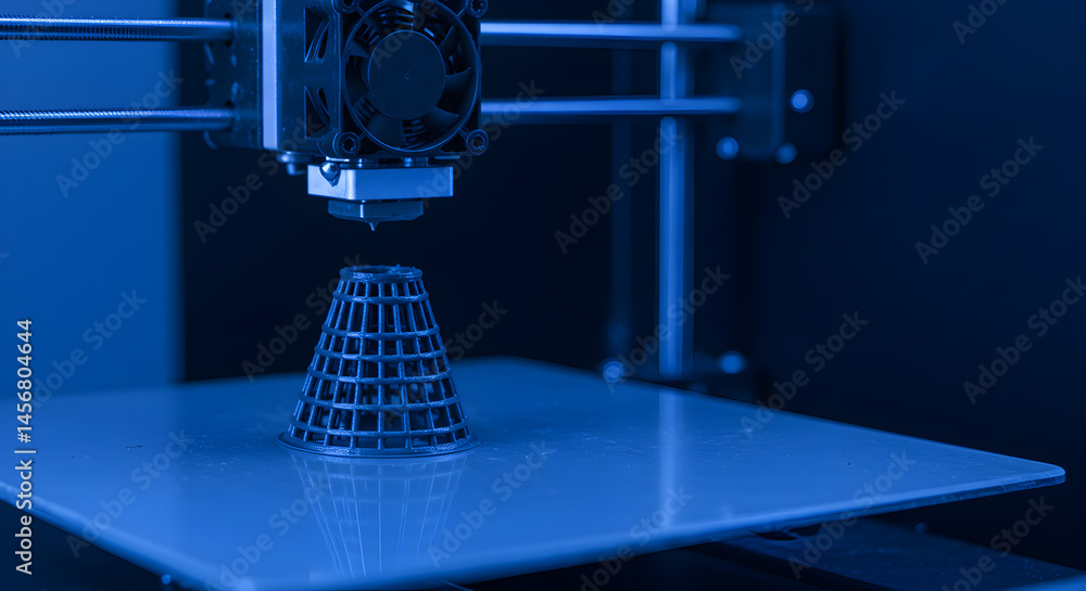 Poster monochromatic blue 3d printer creates a grid like cone structure with precision and accuracy