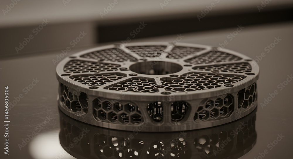 Poster monochrome detailed metal component showcasing complex geometric honeycomb and lattice design with p