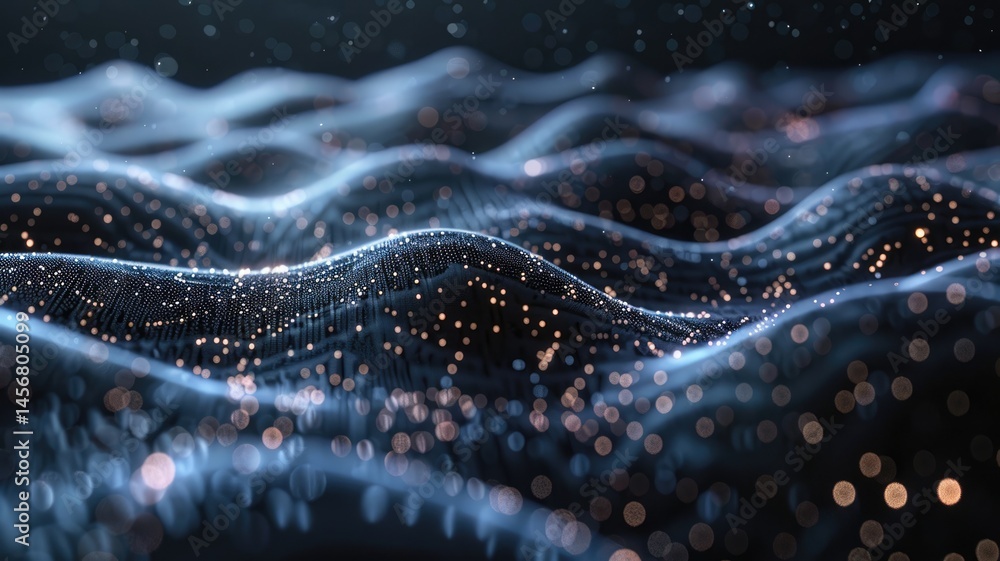 Poster Abstract picture micro light sparkling particle represent data flow. Vivid flowing wave with high tech texture, create digital effect scene perfect for energetic and fantasy wallpaper design. AIG53.