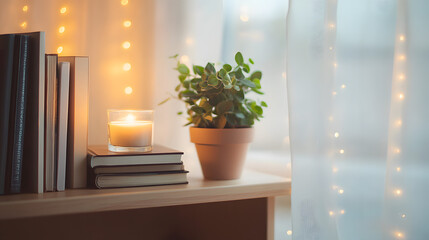 Serene Reading Nook: A cozy indoor scene, a stack of books, a lit candle, and a potted plant bathed in soft light create a peaceful atmosphere, evoking warmth and tranquility.