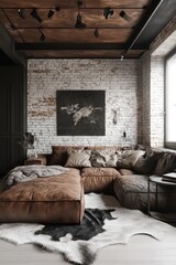 Cozy living room interior with brown leather sofa, brick wall, and modern art, shot at eye-level in natural light, home decor