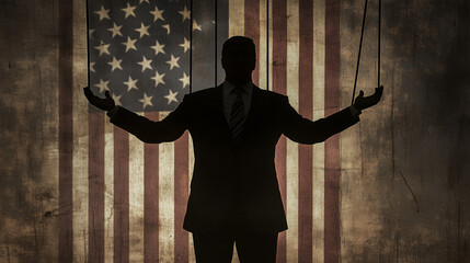 A powerful political or businessman is shown in silhouette with visible puppet or marionette strings, suggesting that he is controlled by an unseen puppet master. Wide landscape horizontal 16:9 with 
