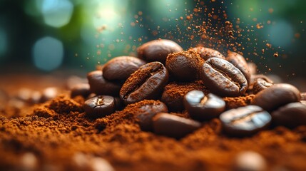 Fresh coffee beans and grounds with splashes of powder