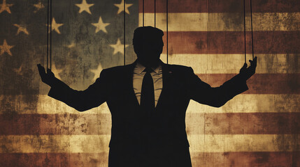 A powerful political or businessman is shown in silhouette with visible puppet or marionette strings, suggesting that he is controlled by an unseen puppet master. Wide landscape horizontal 16:9
