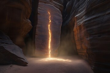 Golden light shaft pierces a narrow canyon.  Sunlight filters through a crack in the rock face, illuminating the dusty floor
