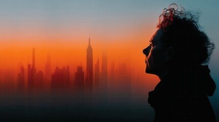 a thoughtful man gazes into a city skyline while contemplating technology and innovation in a digital world at dusk
