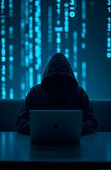 Hacker working on a laptop with code in the background